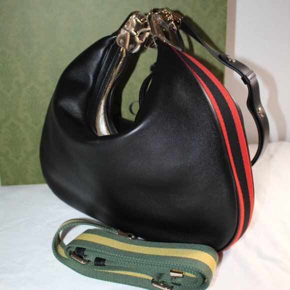 NWT Gucci GG Aria Calfskin Web 2 strap Attache Shoulder Bag Black 702823 - Picture 6 of 14